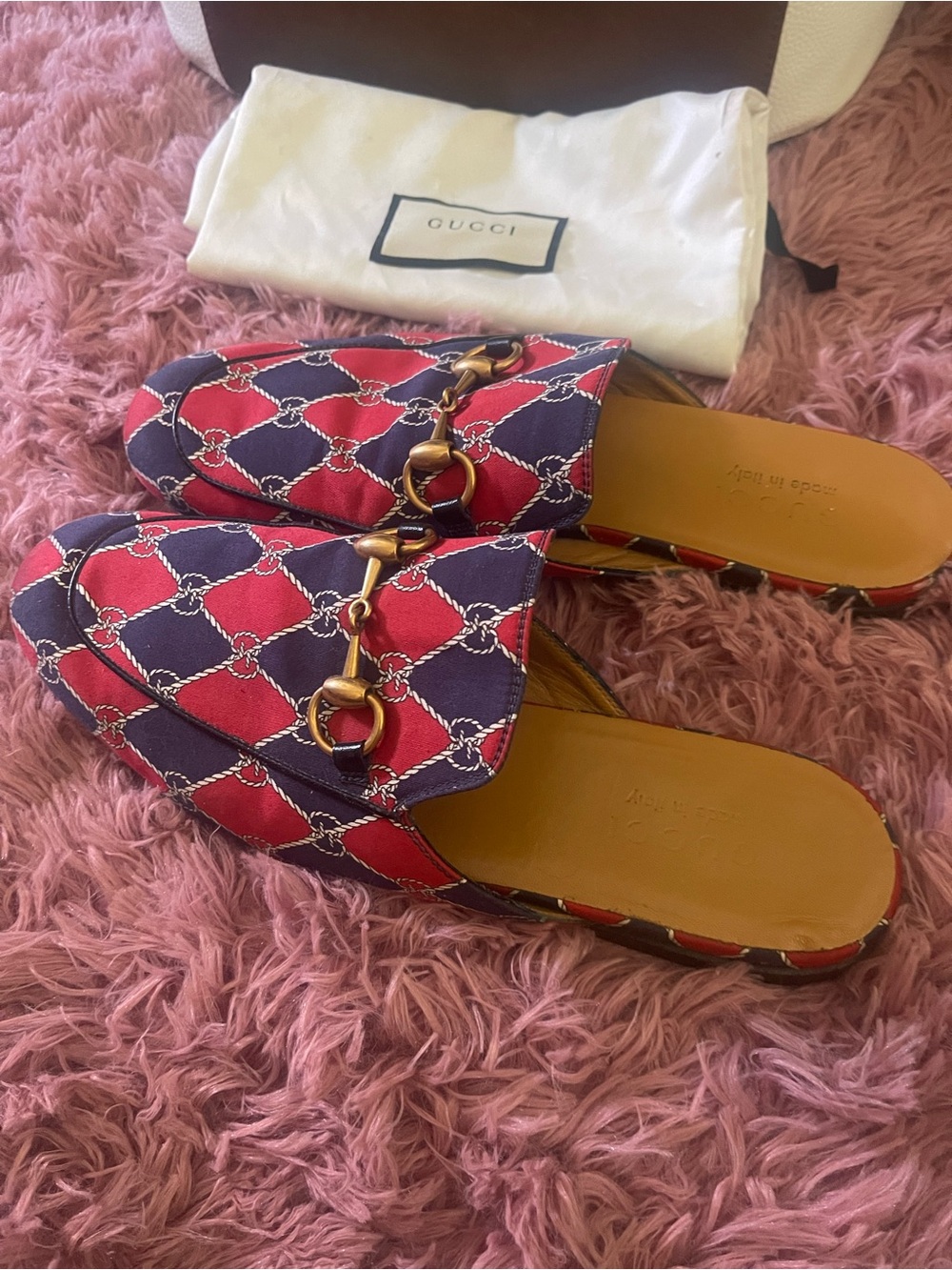 Gucci Red and Navy Horsebit Slip-On Mules